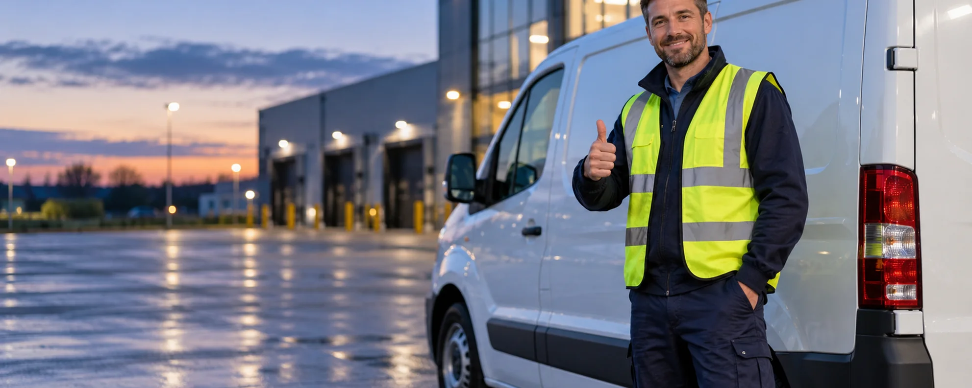 Illustrative AI-generated image of a multi-trade worker beside an unbranded white work van, giving a thumbs-up.