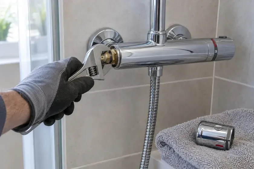 Plumber repairing the valve in an exposed thermostatic shower mixer.