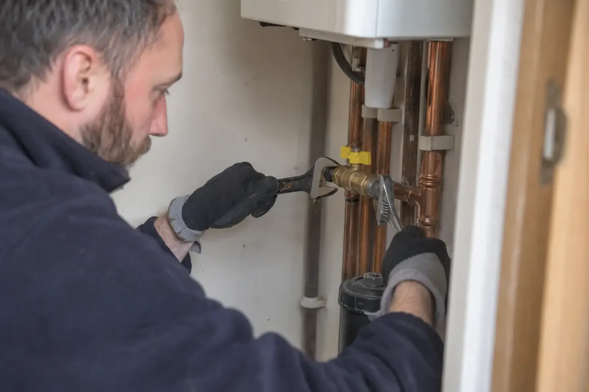 Close documentary photo of a gas engineer replacing a small brass inline gas isolation valve on accessible copper pipework in a utility cupboard, two appropriate spanners supporting fittings, isolated supply, gloves, no sparks or flames.