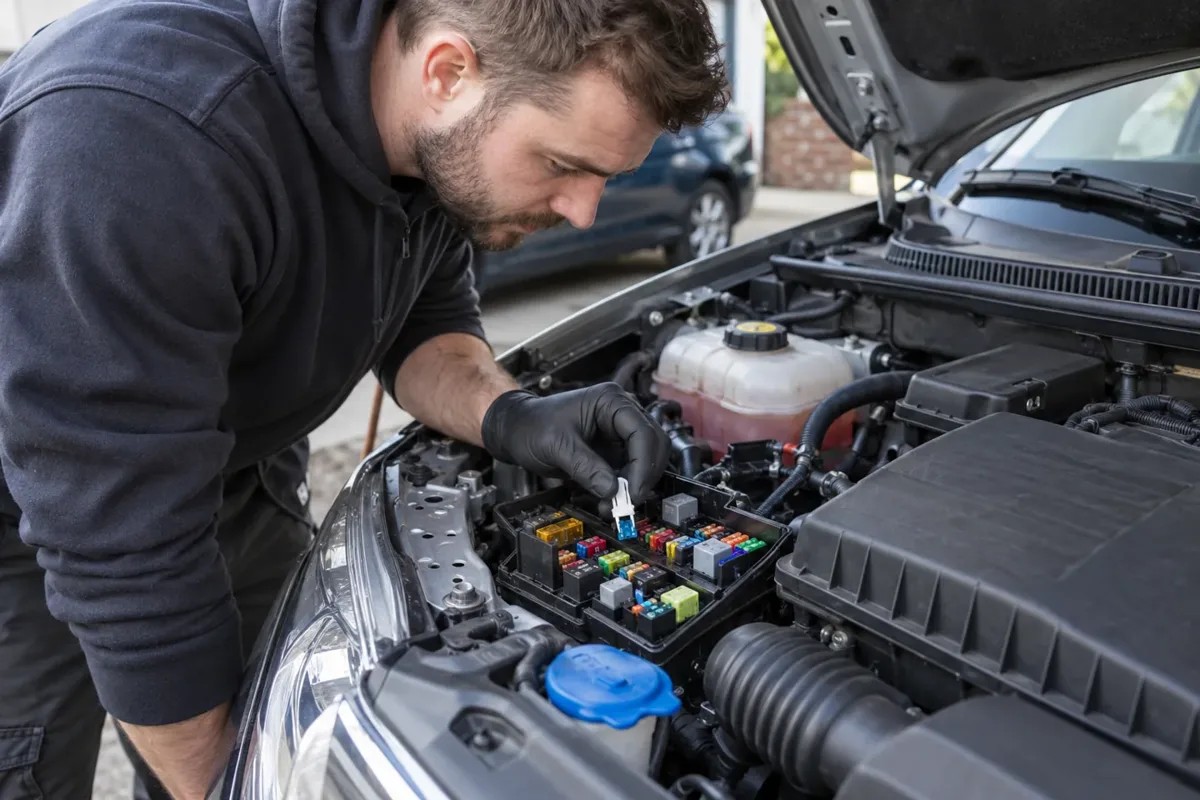 Technician inspecting a car fuse box and blade fuses.