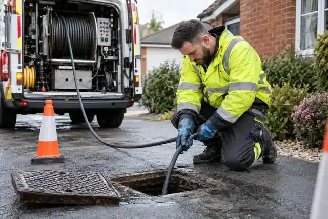Drainage technician works inside an open drain with specialist tools.
