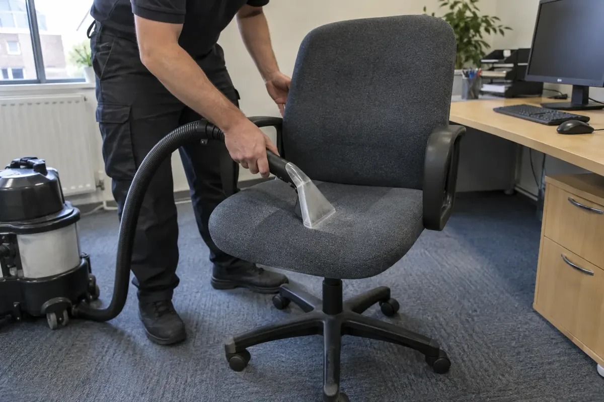 Professional cleaner using a small upholstery extraction head on a fabric swivel office chair with armrests and five-castor base, chair beside desk in office, clear fabric seating and tool contact.