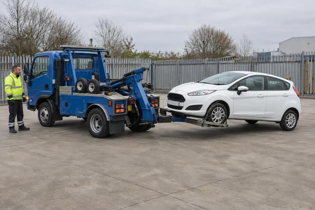 Wheel-lift recovery truck supporting the front wheels of a small car