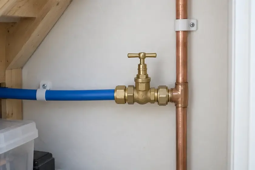 New main stopcock installed between incoming supply and domestic pipework.