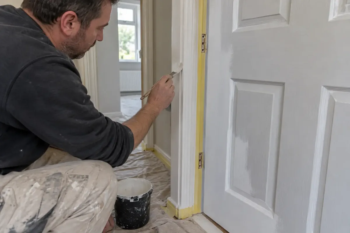 A decorator applying paint with a small brush to a wooden interior door frame beside the partially painted panelled door; removed hardware, masking tape around hinges and floor, paint kettle, believable close working hands.