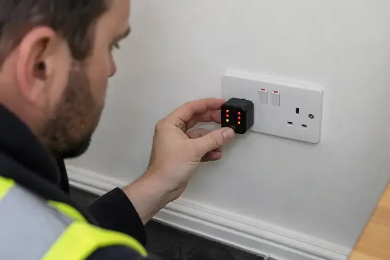 Electrician checking a UK double socket with a plug-in socket tester.