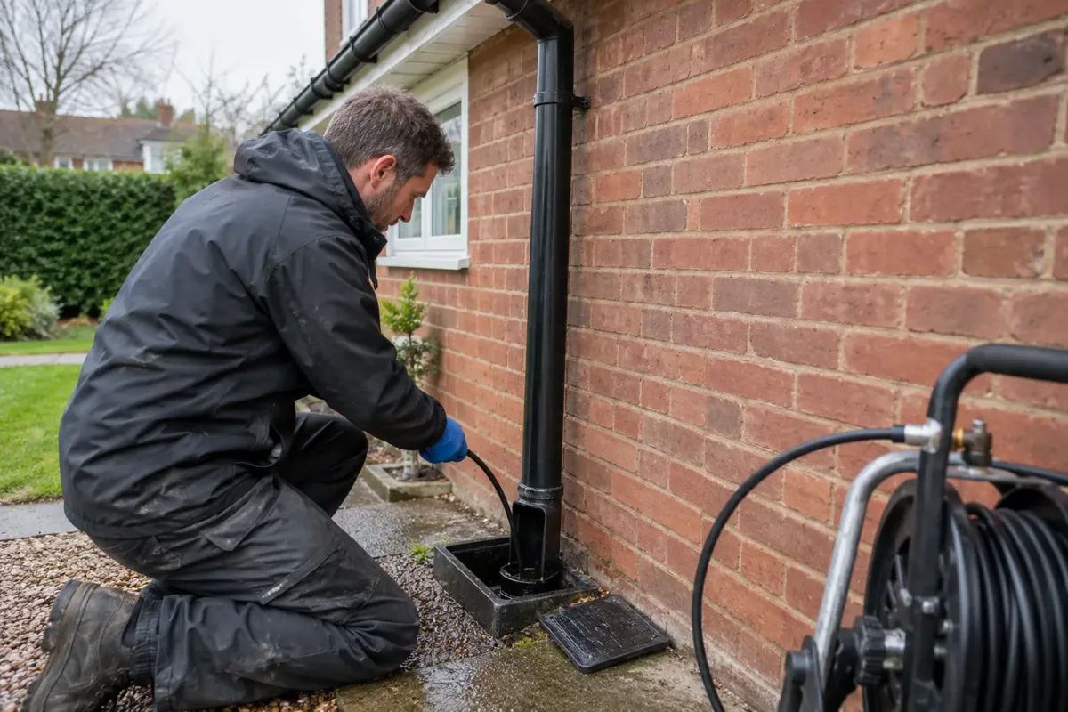 Technician in gloves feeds a slim jetting hose into an opened access fitting at the foot of a black rainwater downpipe on a UK brick house. The downpipe visibly runs upward to guttering, lower gully and hose reel visible, clear rainwater-pipe cleaning.