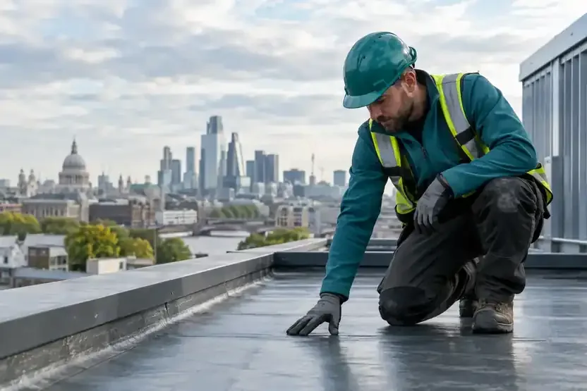 Roofer inspecting membrane above city skyline