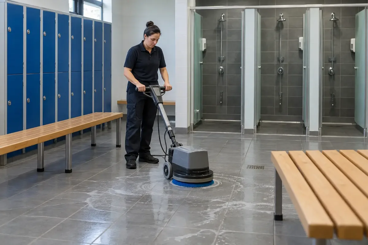 Cleaner scrubbing tiled floors with a compact floor cleaning machine in an empty leisure-centre changing room. Benches, lockers and shower cubicles establish the setting, no people changing or personal items.