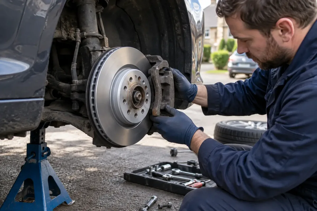 New brake disc and caliper assembly during replacement