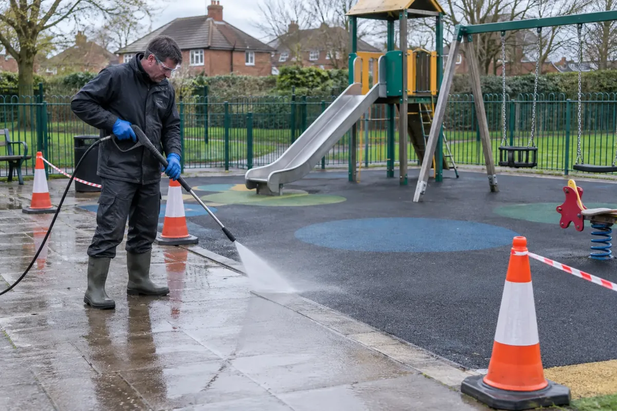 A cleaner using a controlled pressure washer on the paved edge and suitable rubber play surface of an empty fenced playground, slide and swings clearly visible, area closed with cones, no children, gentle broad spray, waterproof boots, gloves and goggles.