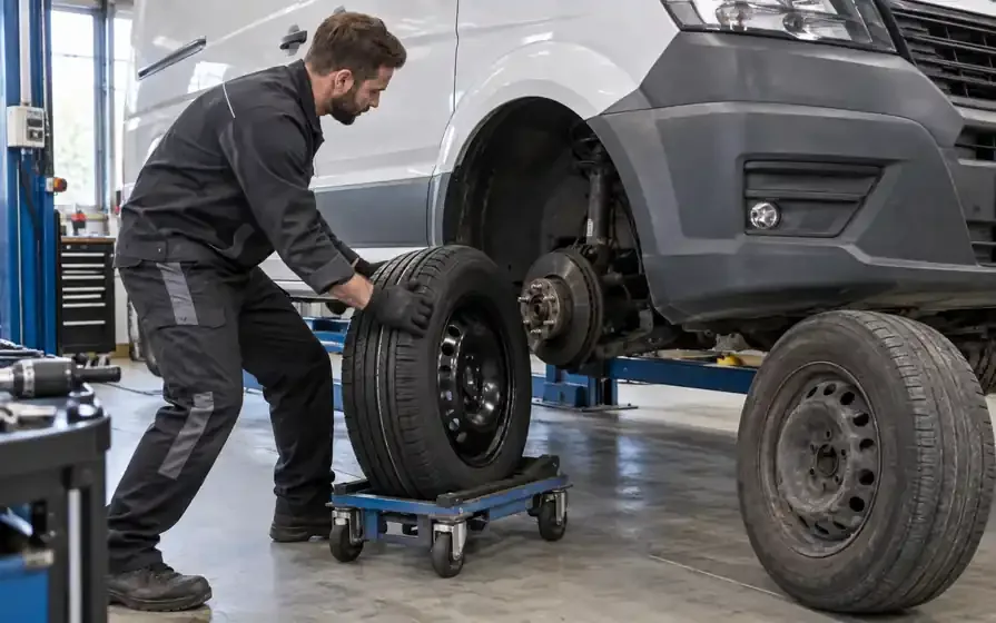 Mechanic guiding a new steel wheel toward a raised van's exposed front hub, with the old wheel nearby.