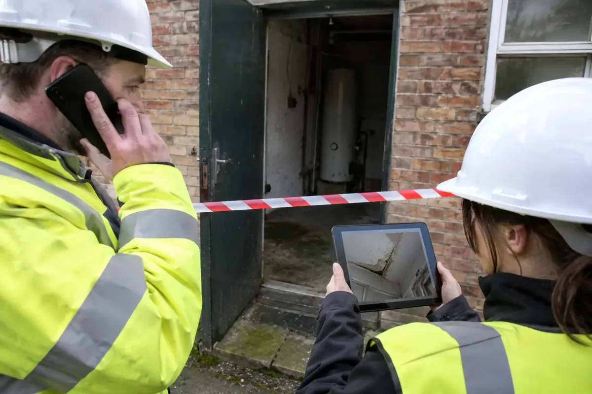Asbestos specialist speaking on a mobile phone while standing safely outside a closed cordoned doorway to an empty old utility room, reviewing a photograph of a suspect damaged panel on a tablet held by a second professional. Both outside restricted area, calm urgent assessment, no exposed airborne dust.