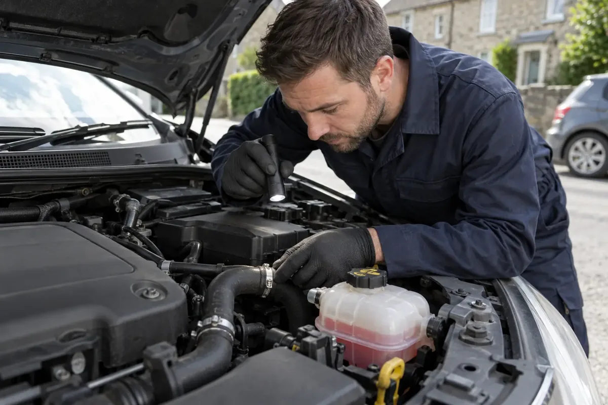 Mechanic inspecting coolant hoses for a leak