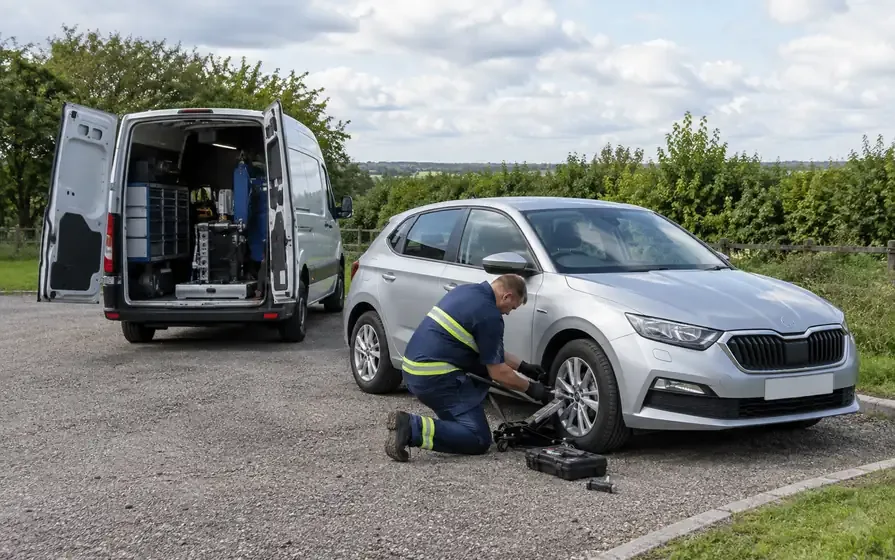 Technician beside a silver car and fitting van in a countryside lay-by